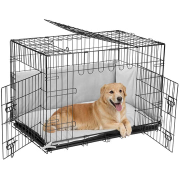 36 inch Dog Crates for Large Dogs with Bumper-Three Doors Folding Metal Wire Dog Crate Cage Kennel Indoor Outdoor Large Dog Crate Kennels Bed
