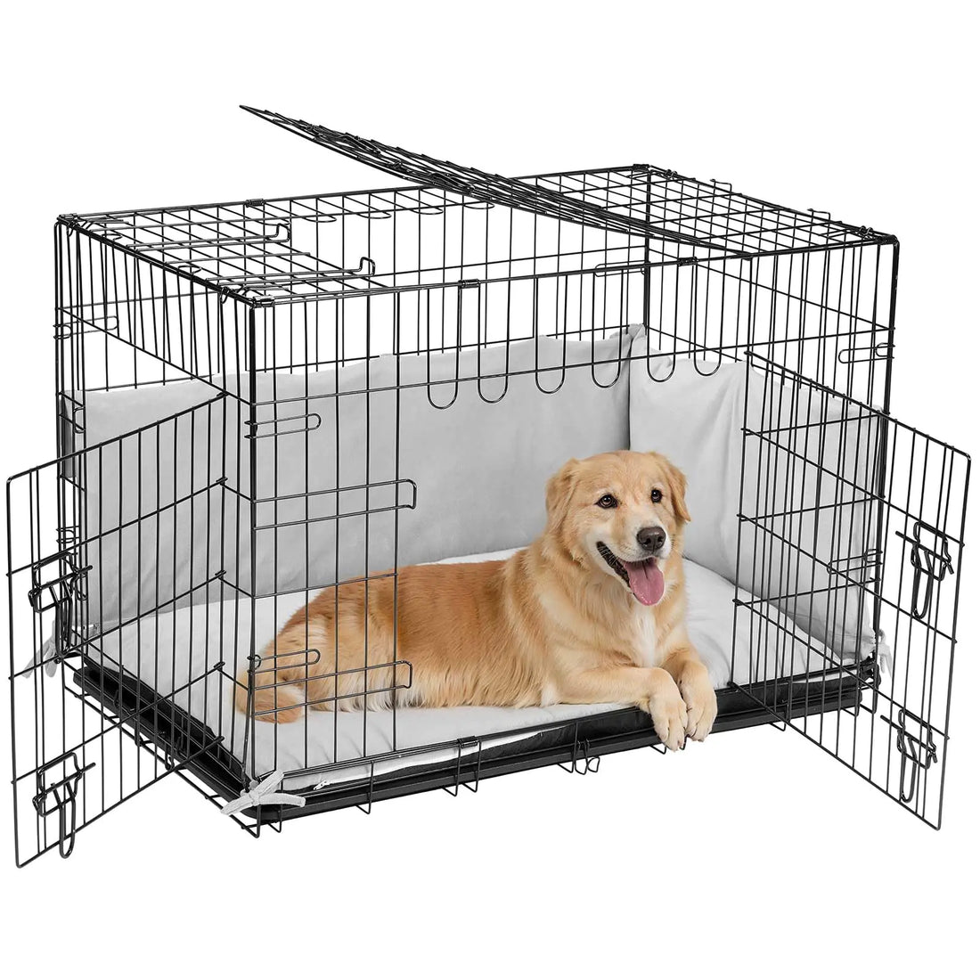 36 inch Dog Crates for Large Dogs with Bumper-Three Doors Folding Metal Wire Dog Crate Cage Kennel Indoor Outdoor Large Dog Crate Kennels Bed