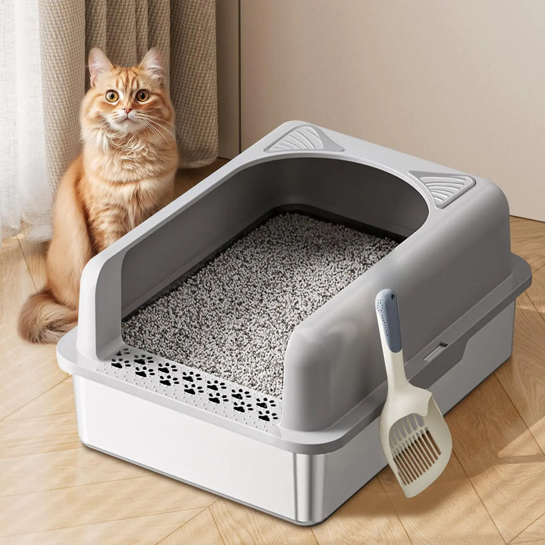 Stainless Steel Litter Box with Lid Litter Box Enclosure for Big & Multiple Cats XL Extra Large Metal Litter Box with 12" High Wall Including Scoop Odorless Anti-Leakage Non-Sticky